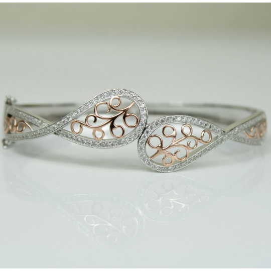 WHITE GOLD FINISH Created Diamond Rose Gold Leaf Design Bangle Bracelet Including Gift Box