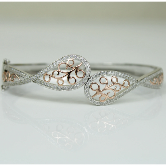 WHITE GOLD FINISH Created Diamond Rose Gold Leaf Design Bangle Bracelet Including Gift Box