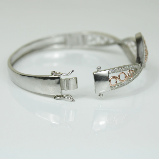 WHITE GOLD FINISH Created Diamond Rose Gold Leaf Design Bangle Bracelet Including Gift Box