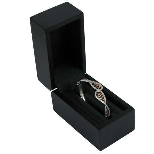 WHITE GOLD FINISH Created Diamond Rose Gold Leaf Design Bangle Bracelet Including Gift Box