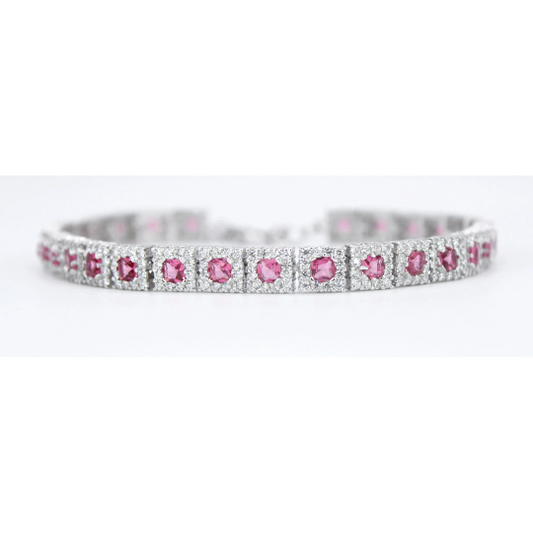 WHITE GOLD FINISH Created Diamond And Pink Tourmaline Round Princess Cut Adjustable Tennis Bracelet