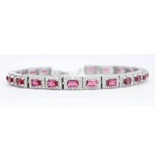 WHITE GOLD FINISH Created Diamond And Pink Tourmaline Emerald Cut Tennis Bracelet