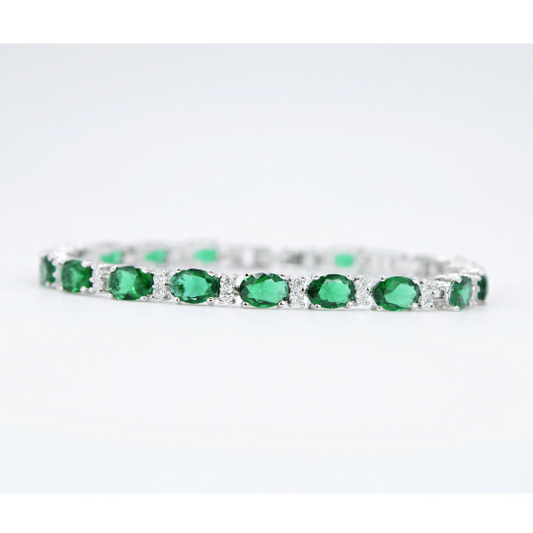 WHITE GOLD FINISH Created Diamond And Green Emerald Classic Oval Cut Bracelet