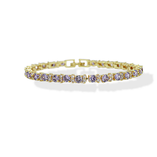 Yellow Gold Finish Purple Amethyst Tennis Bracelet – Elegant Flower Design, Dainty & Trendy Jewellery for Women, Perfect Gift