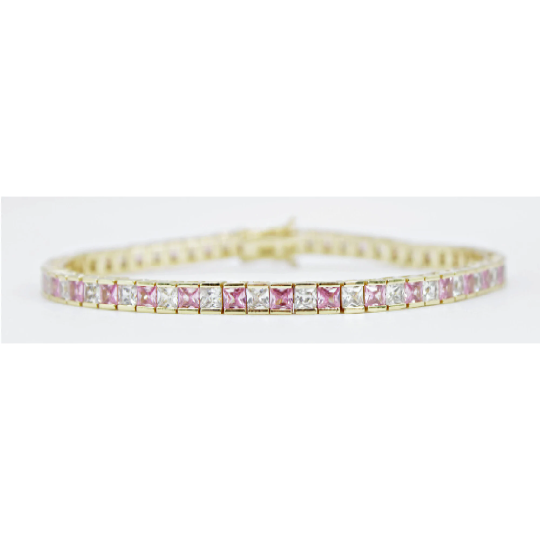 YELLOW GOLD FINISH Created Diamond Princess Cut Pink Tourmaline Tennis Bracelet