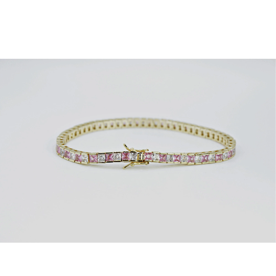 YELLOW GOLD FINISH Created Diamond Princess Cut Pink Tourmaline Tennis Bracelet