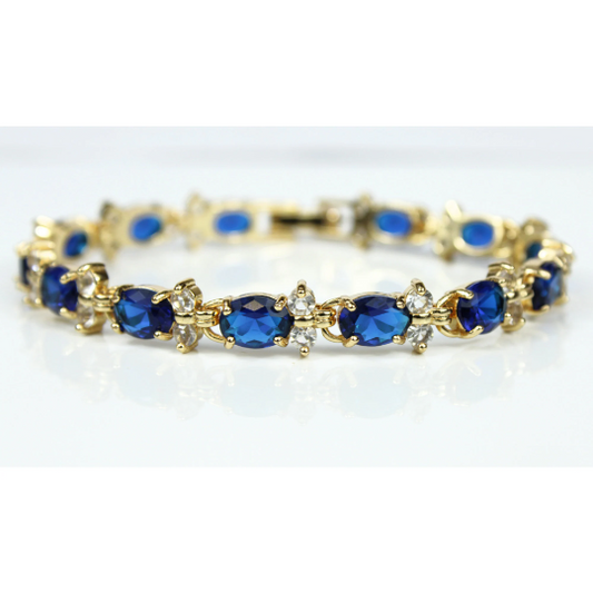 YELLOW GOLD FINISH Created Diamond Oval Cut Blue Sapphire Bracelet Including Gift Box