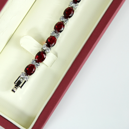 WHITE GOLD FINISH Created Diamond Oval Cut Red Ruby Bracelet Including Gift Box