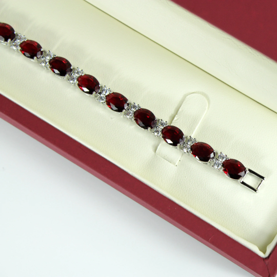 WHITE GOLD FINISH Created Diamond Oval Cut Red Ruby Bracelet Including Gift Box