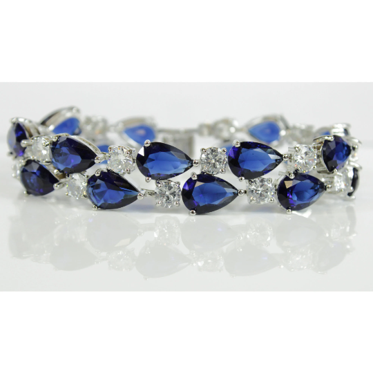 WHITE GOLD FINISH Created Diamond Blue Sapphire Classic Double Row Pear Cut Bracelet Including Gift Box