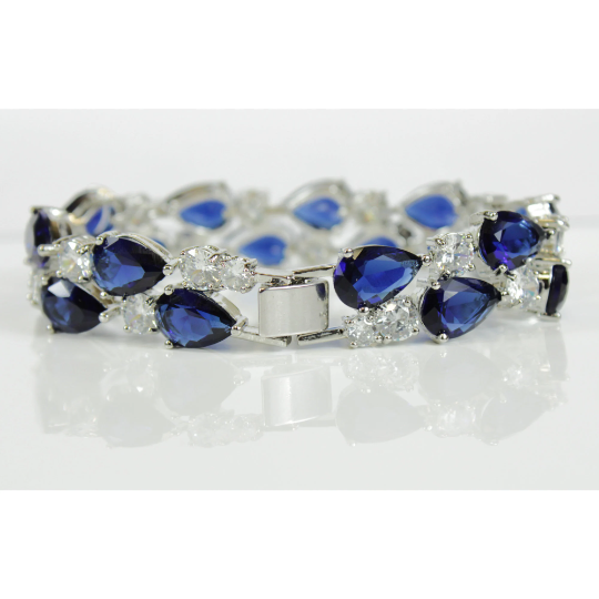 WHITE GOLD FINISH Created Diamond Blue Sapphire Classic Double Row Pear Cut Bracelet Including Gift Box