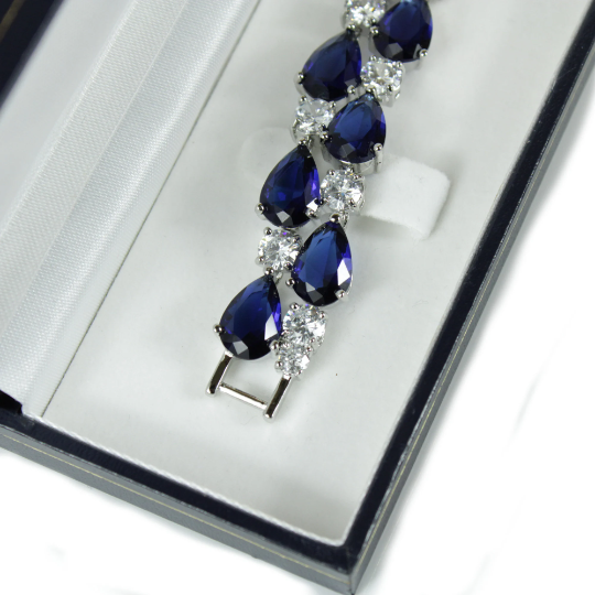 WHITE GOLD FINISH Created Diamond Blue Sapphire Classic Double Row Pear Cut Bracelet Including Gift Box