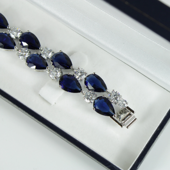 WHITE GOLD FINISH Created Diamond Blue Sapphire Classic Double Row Pear Cut Bracelet Including Gift Box