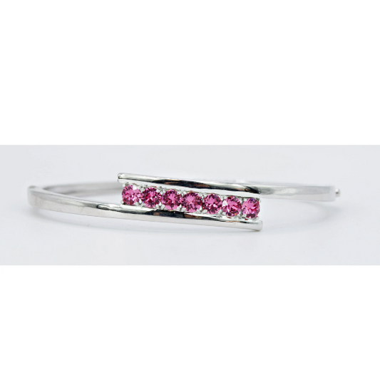WHITE GOLD FINISH Created Diamond Round Cut Pink Tourmaline Bangle Bracelet