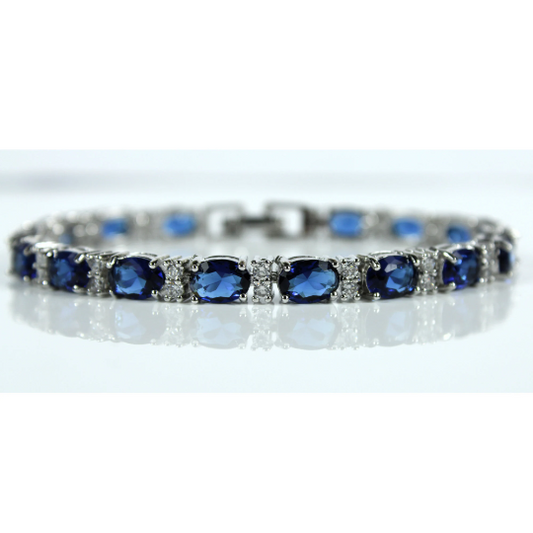 WHITE GOLD FINISH Created Diamond Oval Cut Blue Sapphire Bracelet Including Gift Box