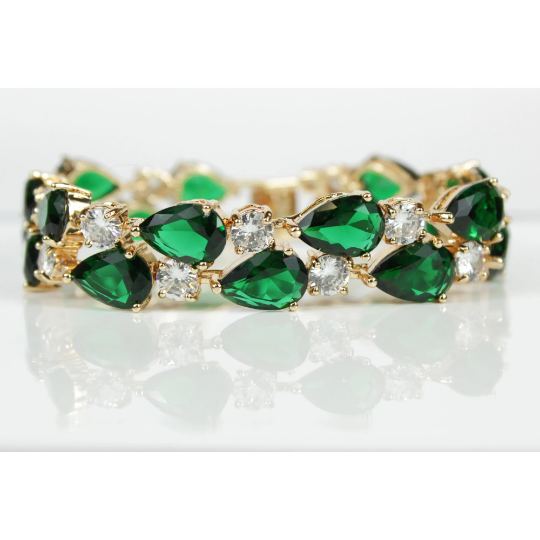 YELLOW GOLD FINISH Created Diamond Green Emerald Classic Double Row Pear Cut Bracelet Including Gift Box