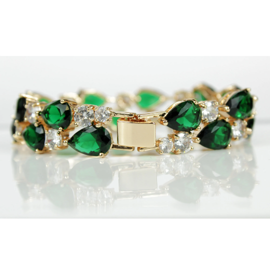 YELLOW GOLD FINISH Created Diamond Green Emerald Classic Double Row Pear Cut Bracelet Including Gift Box