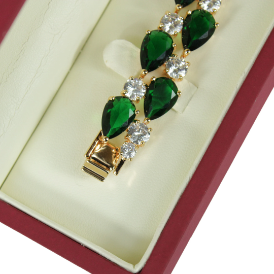 YELLOW GOLD FINISH Created Diamond Green Emerald Classic Double Row Pear Cut Bracelet Including Gift Box