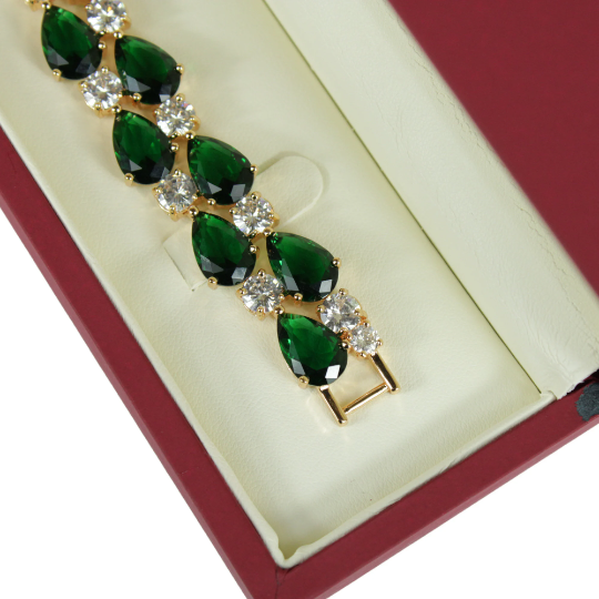 YELLOW GOLD FINISH Created Diamond Green Emerald Classic Double Row Pear Cut Bracelet Including Gift Box