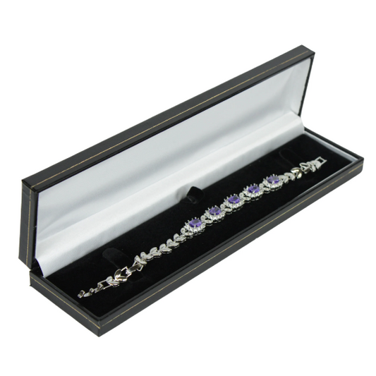 WHITE GOLD FINISH Purple Amethyst Quintuple Flower Design Tennis Bracelet