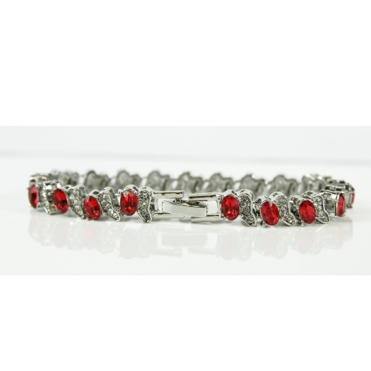 WHITE GOLD FINISH Created Diamond Red Ruby Oval Cut Half Butterfly Design Bracelet Including Gift Box