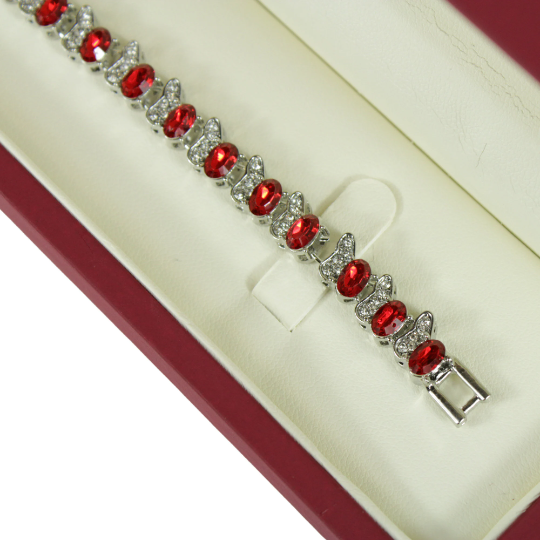 WHITE GOLD FINISH Created Diamond Red Ruby Oval Cut Half Butterfly Design Bracelet Including Gift Box