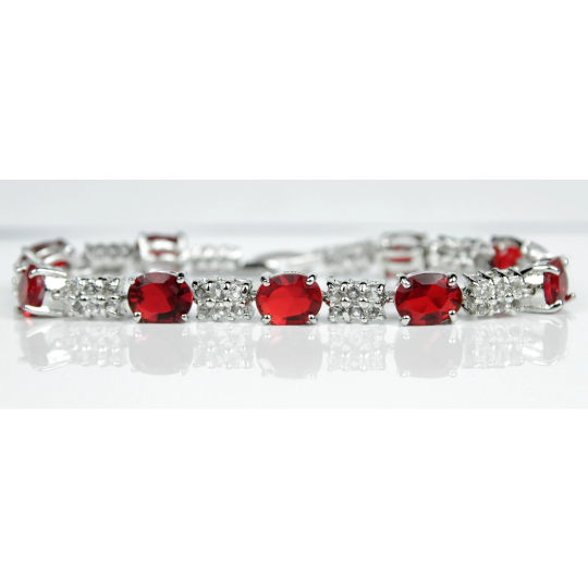 WHITE GOLD FINISH Created Diamond Rectangular Oval Cut Red Ruby Bracelet Including Gift Box