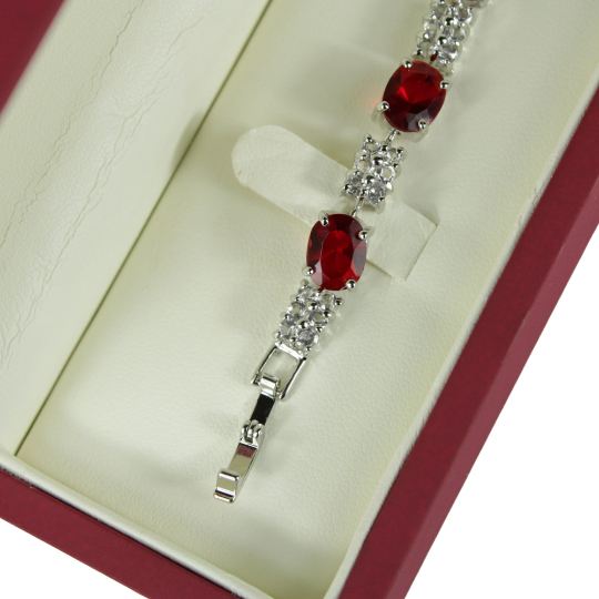 WHITE GOLD FINISH Created Diamond Rectangular Oval Cut Red Ruby Bracelet Including Gift Box