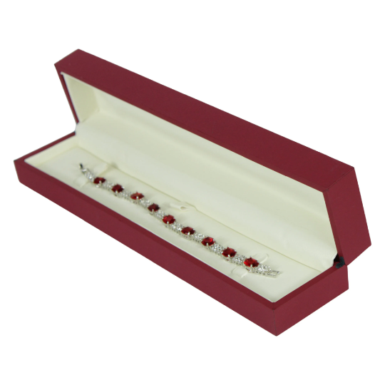 WHITE GOLD FINISH Created Diamond Rectangular Oval Cut Red Ruby Bracelet Including Gift Box