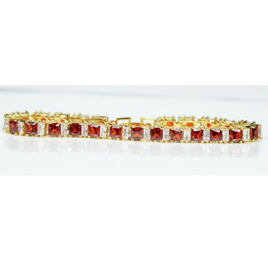 YELLOW GOLD FINISH Created Diamond Princess Cut Red Ruby Tennis Bracelet Including Gift Box