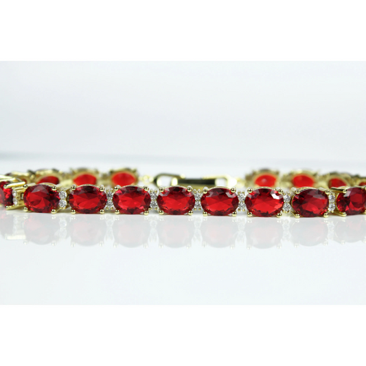 YELLOW GOLD FINISH Created Diamond Oval Cut Red Ruby Bracelet Including Gift Box