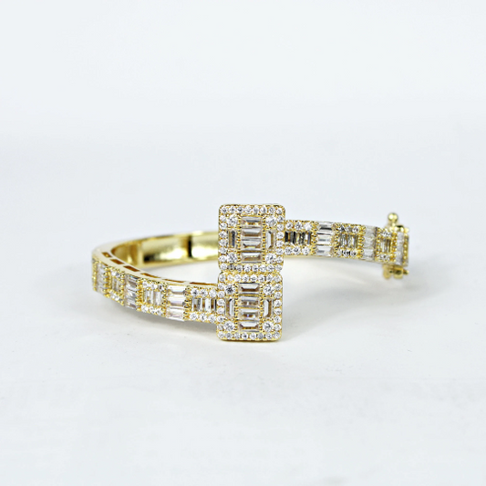 YELLOW GOLD FINISH Created Diamond Emerald And Round Cut Box Design Bangle Bracelet Including Gift Box