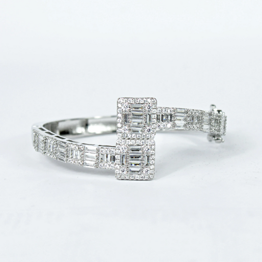 WHITE GOLD FINISH Created Diamond Emerald And Round Cut Box Design Bangle Bracelet Including Gift Box