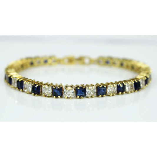 YELLOW GOLD FINISH Created Diamond Princess Cut Blue Sapphire Tennis Bracelet Including Gift Box