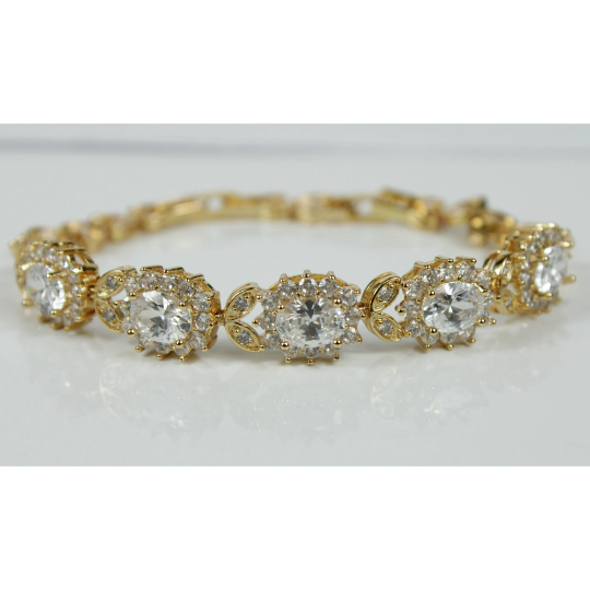 YELLOW GOLD FINISH Created Diamond Oval Cut Flower Cluster Bracelet Including Gift Box