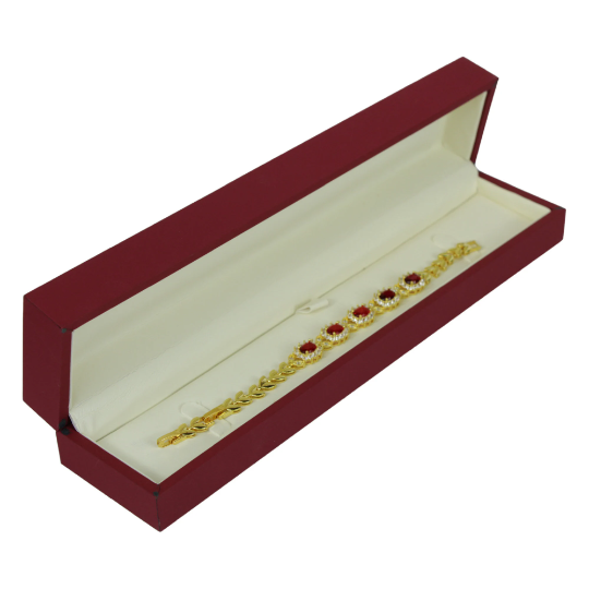 YELLOW GOLD FINISH Created Diamond Red Ruby Oval Cut Flower Cluster Bracelet Including Gift Box