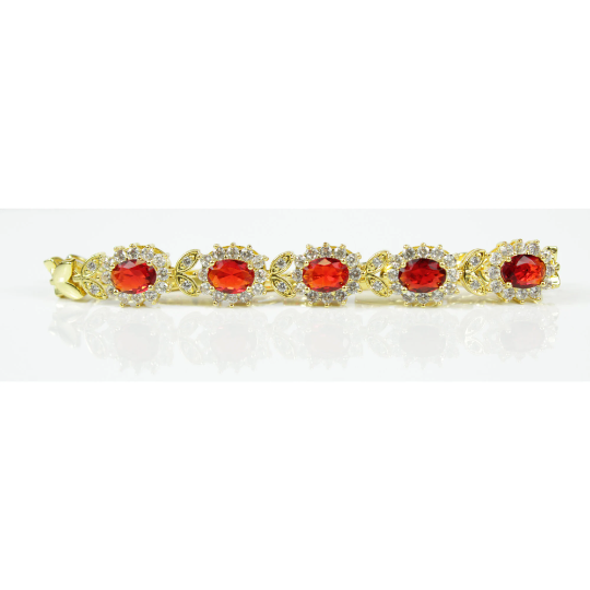 YELLOW GOLD FINISH Created Diamond Red Ruby Oval Cut Flower Cluster Bracelet Including Gift Box