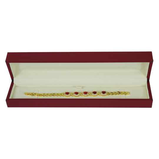 YELLOW GOLD FINISH Created Diamond Red Ruby Oval Cut Flower Cluster Bracelet Including Gift Box