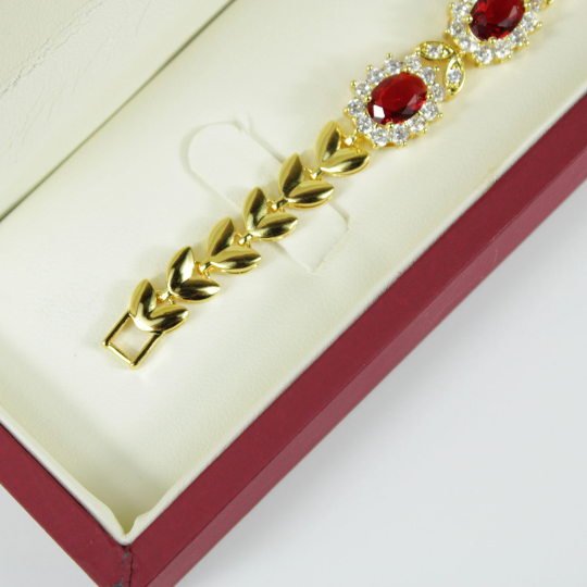 YELLOW GOLD FINISH Created Diamond Red Ruby Oval Cut Flower Cluster Bracelet Including Gift Box