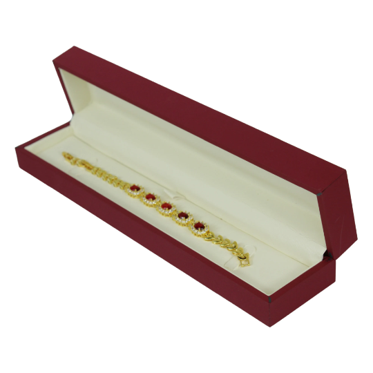 YELLOW GOLD FINISH Created Diamond Red Ruby Oval Cut Flower Cluster Bracelet Including Gift Box