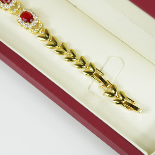 YELLOW GOLD FINISH Created Diamond Red Ruby Oval Cut Flower Cluster Bracelet Including Gift Box