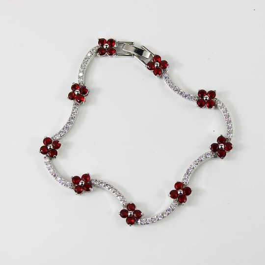 WHITE GOLD FINISH Red Ruby Flower Cluster Created Diamond Bracelet