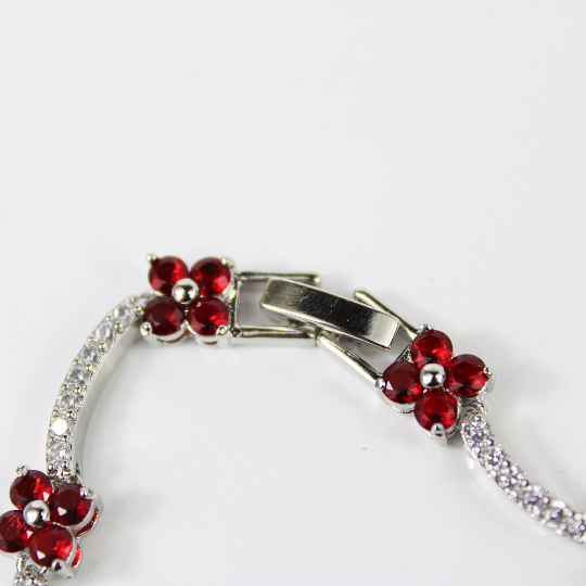 WHITE GOLD FINISH Red Ruby Flower Cluster Created Diamond Bracelet