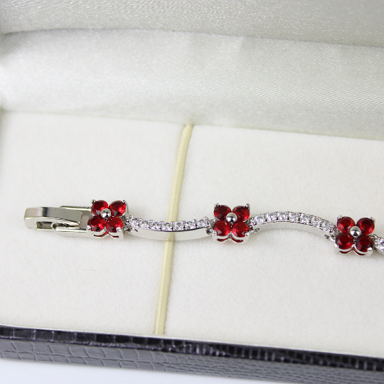 WHITE GOLD FINISH Red Ruby Flower Cluster Created Diamond Bracelet