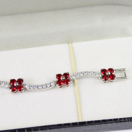 WHITE GOLD FINISH Red Ruby Flower Cluster Created Diamond Bracelet