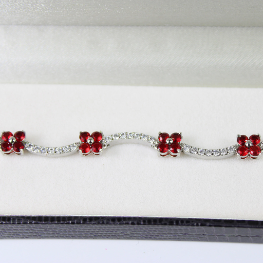 WHITE GOLD FINISH Red Ruby Flower Cluster Created Diamond Bracelet