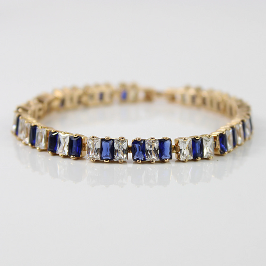 YELLOW GOLD FINISH Blue Sapphire Baguette Cut Alternating Bracelet
