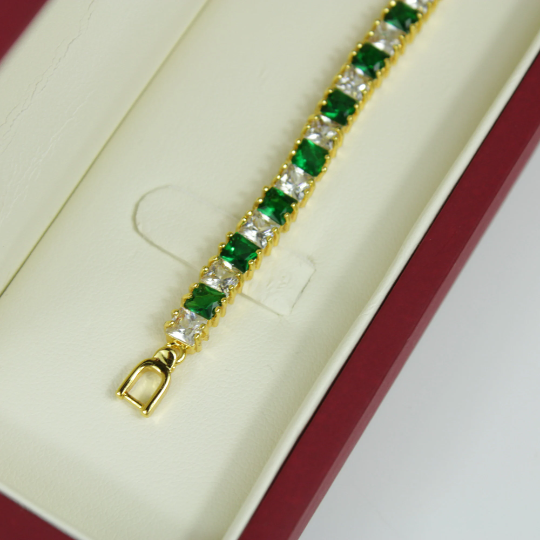 YELLOW GOLD FINISH Created Diamond Princess Cut Green Emerald Tennis Bracelet Including Gift Box