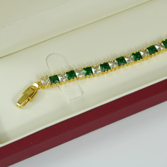 YELLOW GOLD FINISH Created Diamond Princess Cut Green Emerald Tennis Bracelet Including Gift Box