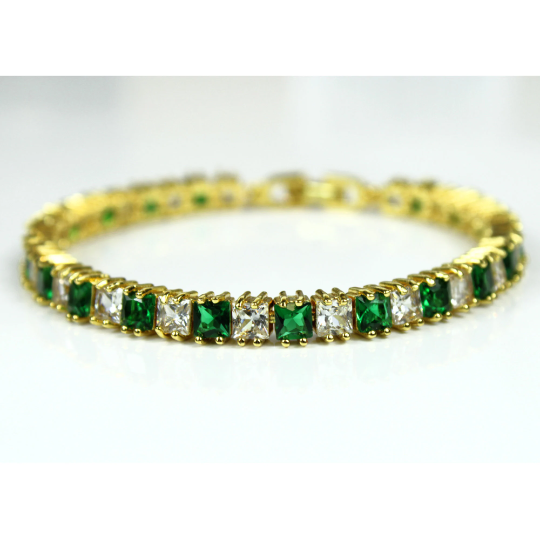 YELLOW GOLD FINISH Created Diamond Princess Cut Green Emerald Tennis Bracelet Including Gift Box